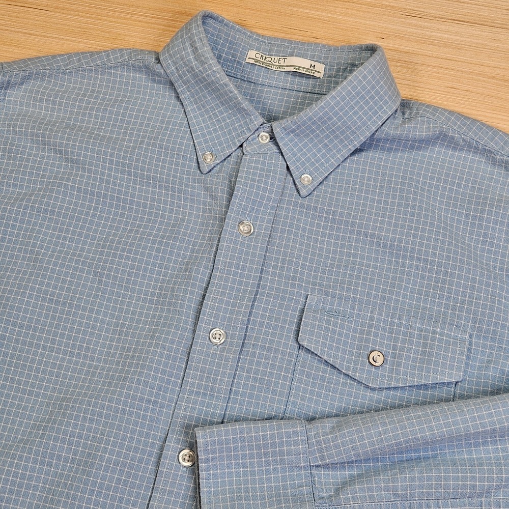 Criquet Button Down Men M Blue Grid Long Sleeve Organic Cotton Prep Sustainable